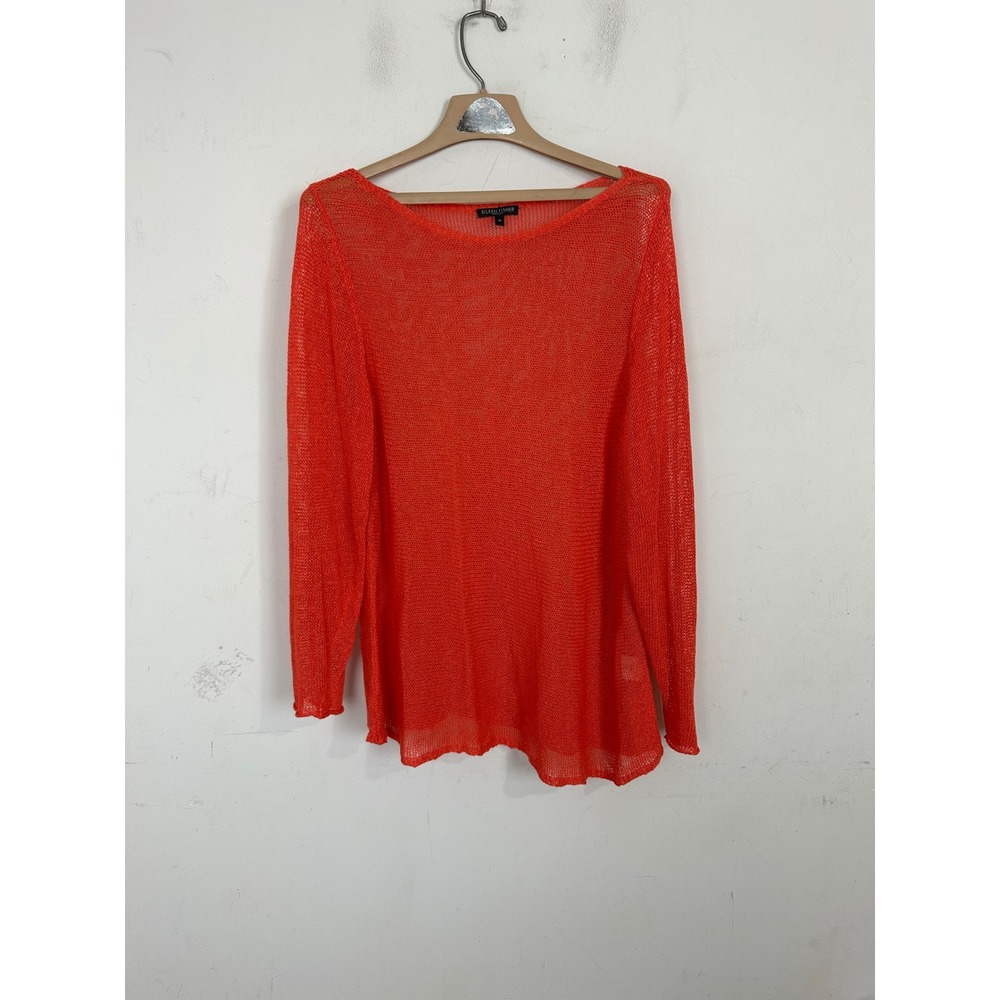 Eileen Fisher Woman Red Linen Blend Open Knit Sheer Sweater 1X
